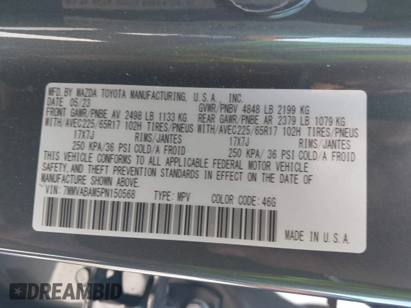 2023 Mazda CX-50 S Select with VIN 7MMVABAM5PN150568, listed as a IAAI auction lot 41464996 with 62,612 mi miles and . Bid and sale history available at DreamBid. Image 9.