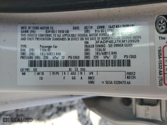 2019 Ford Fiesta SE with VIN 3FADP4EJ7KM129929, listed as a Copart auction lot 48356905 with 121,522 mi miles and Salvage Title. Bid and sale history available at carsss.com. Image 12.