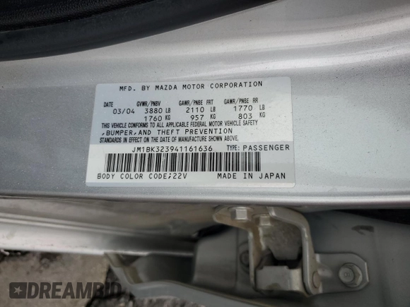 2004 Mazda 3 s with VIN JM1BK323941161636, listed as a Copart auction lot 45231355 with 111,170 mi miles and Clean Title. Bid and sale history available at DreamBid. Image 12.