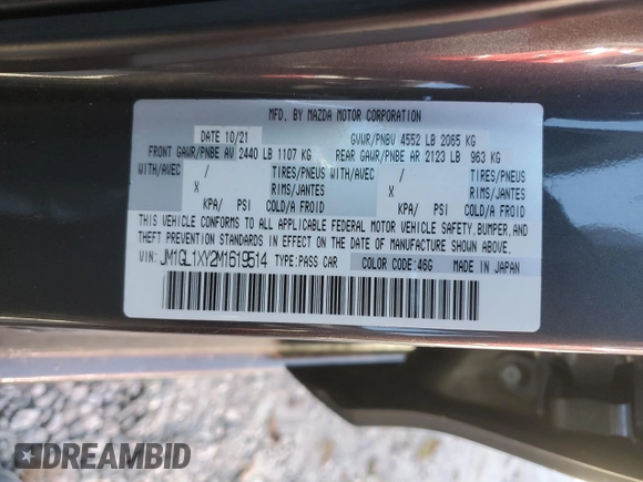 2021 Mazda 6 Signature with VIN JM1GL1XY2M1619514, listed as a Copart auction lot 75494944 with 35,069 mi miles and Salvage Title. Bid and sale history available at DreamBid. Image 12.
