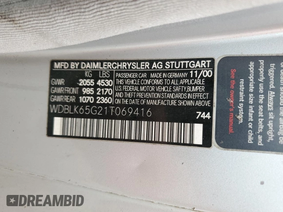 2001 Mercedes-Benz CLK 320 z VIN WDBLK65G21T069416, wystawiony jako Copart lot #52275545 z przebiegiem Nie podano mil oraz Nie do naprawy. Historia ofert i sprzedaży dostępna na DreamBid. Obrazek 12.