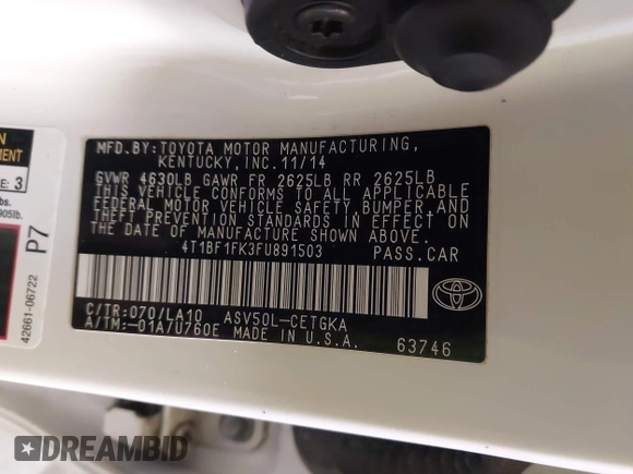 2015 Toyota Camry XLE with VIN 4T1BF1FK3FU891503, listed as a IAAI auction lot 42027205 with 184,743 mi miles and . Bid and sale history available at DreamBid. Image 9.