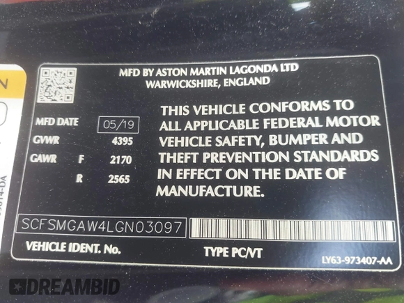 2020 Aston Martin Vantage z VIN SCFSMGAW4LGN03097, wystawiony jako IAAI lot #42227516 z przebiegiem Nie podano mil oraz . Historia ofert i sprzedaży dostępna na DreamBid. Obrazek 9.
