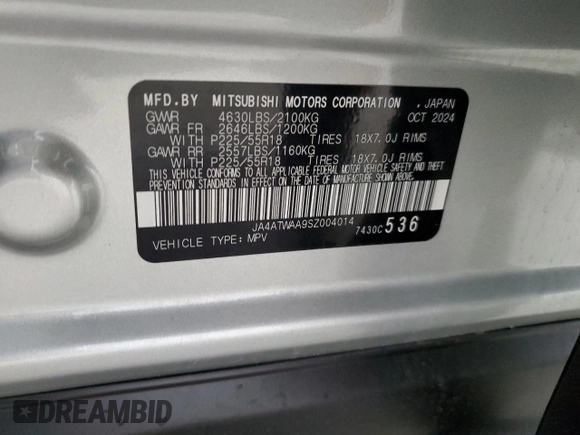 2025 Mitsubishi Eclipse Cross SE z VIN JA4ATWAA9SZ004014, wystawiony jako Copart lot #57436565 z przebiegiem 5 772 mil mil oraz Szkoda całkowita • Salvage title. Historia ofert i sprzedaży dostępna na DreamBid. Obrazek 14.
