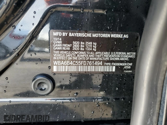 2015 BMW 6 Series 650i xDrive with VIN WBA6B4C55FD761494, listed as a Copart auction lot 81141684 with 82,371 mi miles and Clean Title. Bid and sale history available at DreamBid. Image 12.