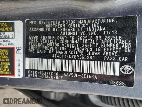 2014 Toyota Camry L with VIN 4T4BF1FKXER365261, listed as a Copart auction lot 55895625 with 170,874 mi miles and Clean Title. Bid and sale history available at DreamBid. Image 12.