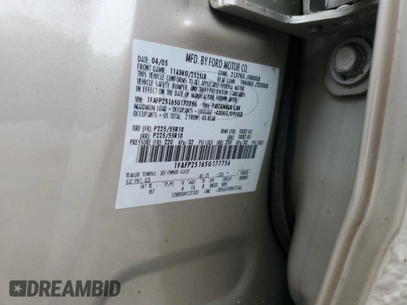 2005 Ford Five Hundred Limited with VIN 1FAFP25165G177756, listed as a Copart auction lot 54862685 with Not provided miles and Salvage title. Bid and sale history available at DreamBid. Image 12.