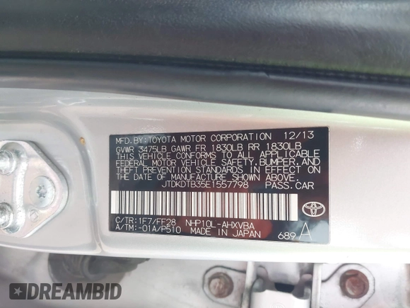 2014 Toyota Prius One with VIN JTDKDTB35E1557798, listed as a IAAI auction lot 41753972 with 182,543 mi miles and . Bid and sale history available at DreamBid. Image 9.