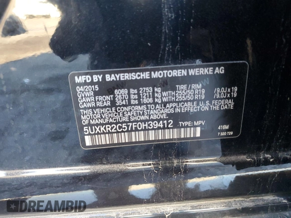 2015 BMW X5 sDrive35i with VIN 5UXKR2C57F0H39412, listed as a Copart auction lot 46714065 with 112,193 mi miles and Clean Title. Bid and sale history available at carsss.com. Image 14.