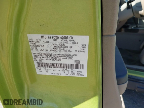 2011 Ford Escape Hybrid с VIN 1FMCU4K30BKA59861, выставлен на аукционе IAAI как лот 41379972 с пробегом 180 166 миль миль и . История ставок и продаж доступна на DreamBid. Изображение 9.