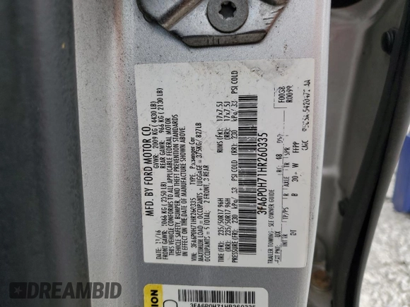 2017 Ford Fusion SE with VIN 3FA6P0H71HR260335, listed as a Copart auction lot 57857705 with 160,133 mi miles and Salvage title. Bid and sale history available at DreamBid. Image 12.