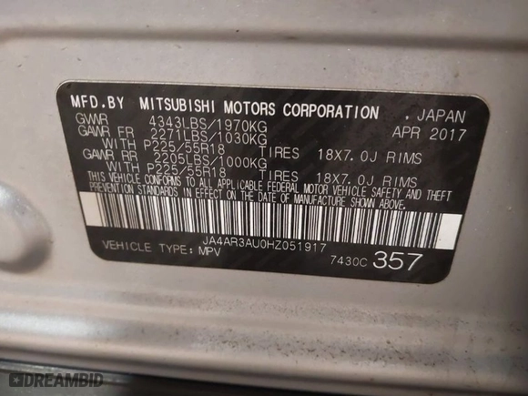 2017 Mitsubishi Outlander Sport ES 2.0 with VIN JA4AR3AU0HZ051917, listed as a IAAI auction lot 41005628 with 72,276 mi miles. Bid and sale history available at carsss.com. Image 9.