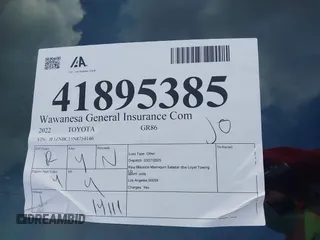 2022 Toyota 86 z VIN JF1ZNBC15N8754146, wystawiony jako IAAI lot #41895385 z przebiegiem 14 111 mil mil oraz . Historia ofert i sprzedaży dostępna na DreamBid. Obrazek 18.