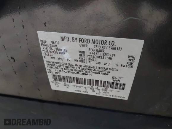 2018 Ford Explorer XLT с VIN 1FM5K7DH0JGC85411, выставлен на аукционе IAAI как лот 42180788 с пробегом 126 789 миль миль и . История ставок и продаж доступна на DreamBid. Изображение 9.