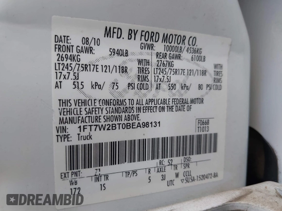 2011 Ford F-250 XL with VIN 1FT7W2BT0BEA98131, listed as a IAAI auction lot 42310427 with 299,856 mi miles and . Bid and sale history available at DreamBid. Image 9.