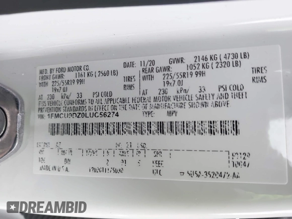 2020 Ford Escape Titanium Hybrid with VIN 1FMCU9DZ0LUC56274, listed as a IAAI auction lot 41256530 with 43,502 mi miles and . Bid and sale history available at DreamBid. Image 9.