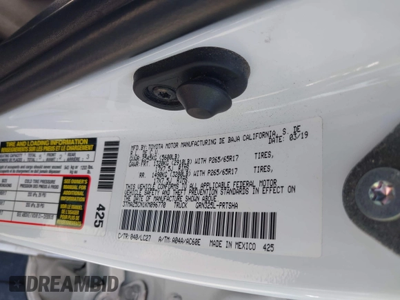 2019 Toyota Tacoma SR5 with VIN 3TMAZ5CN1KM096770, listed as a IAAI auction lot 42147168 with Not provided miles and . Bid and sale history available at DreamBid. Image 9.
