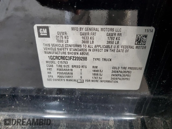 2015 Chevrolet Silverado 1500 LT with VIN 1GCRCREC3FZ209288, listed as a Copart auction lot 81051574 with 191,847 mi miles and Salvage Title. Bid and sale history available at DreamBid. Image 12.