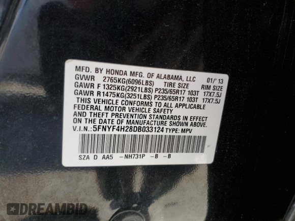2013 Honda Pilot LX with VIN 5FNYF4H28DB033124, listed as a Copart auction lot 48775575 with 190,663 mi miles and Clean Title. Bid and sale history available at DreamBid. Image 13.