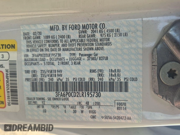 2020 Ford Fusion SEL with VIN 3FA6P0CD2LR195730, listed as a IAAI auction lot 42470167 with 58,046 mi miles and . Bid and sale history available at DreamBid. Image 1.