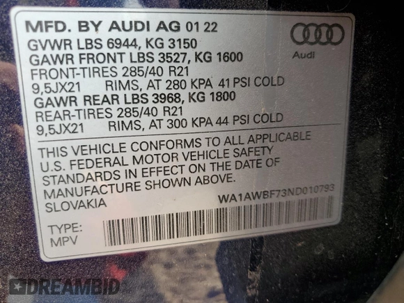 2022 Audi SQ7 Premium Plus z VIN WA1AWBF73ND010793, wystawiony jako Copart lot #53046083 z przebiegiem 12 925 mil mil oraz . Historia ofert i sprzedaży dostępna na DreamBid. Obrazek 15.