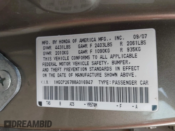 2008 Honda Accord EX with VIN 1HGCP26788A016947, listed as a IAAI auction lot 42148477 with 172,004 mi miles and . Bid and sale history available at DreamBid. Image 9.
