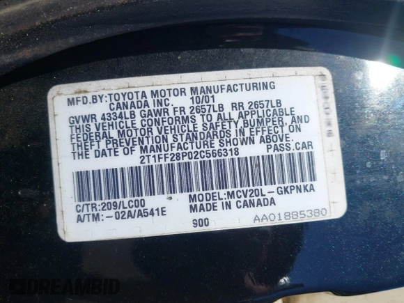 2002 Toyota Solara SE with VIN 2T1FF28P02C566318, listed as a IAAI auction lot 41698027 with 175,954 mi miles and . Bid and sale history available at DreamBid. Image 9.