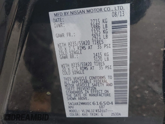2014 Nissan Pathfinder S with VIN 5N1AR2MMXEC616504, listed as a IAAI auction lot 42501441 with 198,418 mi miles and . Bid and sale history available at DreamBid. Image 9.