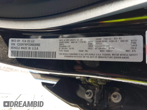 2025 Ram 1500 with VIN 1C6SRFMP2SN658960, listed as a IAAI auction lot 41838862 with 882 mi miles and . Bid and sale history available at DreamBid. Image 9.
