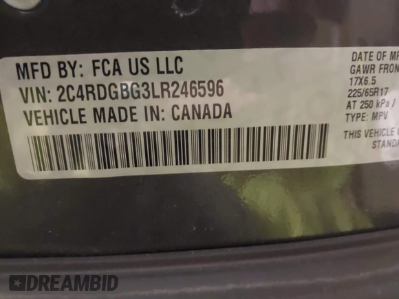 2020 Dodge Grand Caravan SE with VIN 2C4RDGBG3LR246596, listed as a IAAI auction lot 41196164 with 44,187 mi miles and . Bid and sale history available at DreamBid. Image 9.