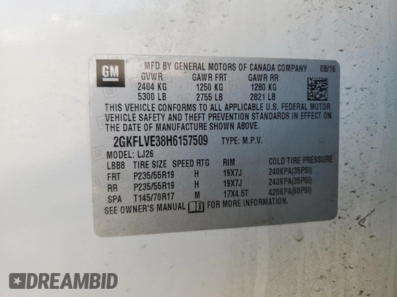 2017 GMC Terrain Denali with VIN 2GKFLVE38H6157509, listed as a Copart auction lot 56245595 with 109,919 mi miles and Salvage title. Bid and sale history available at DreamBid. Image 14.