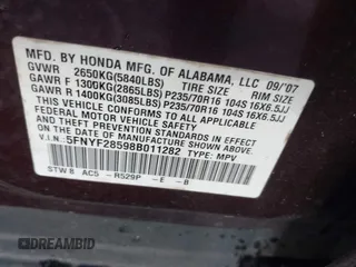 2008 Honda Pilot EX-L with VIN 5FNYF28598B011282, listed as a IAAI auction lot 42000822 with 229,046 mi miles and . Bid and sale history available at DreamBid. Image 9.