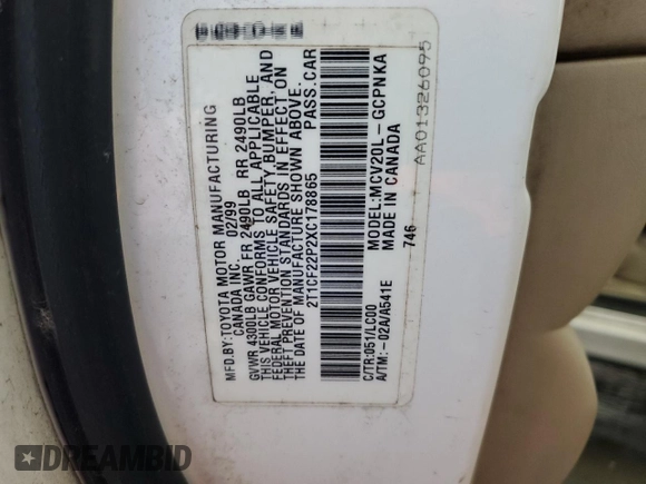 1999 Toyota Solara SE with VIN 2T1CF22P2XC178865, listed as a Copart auction lot 48534155 with 272,304 mi miles and Salvage Title. Bid and sale history available at DreamBid. Image 12.