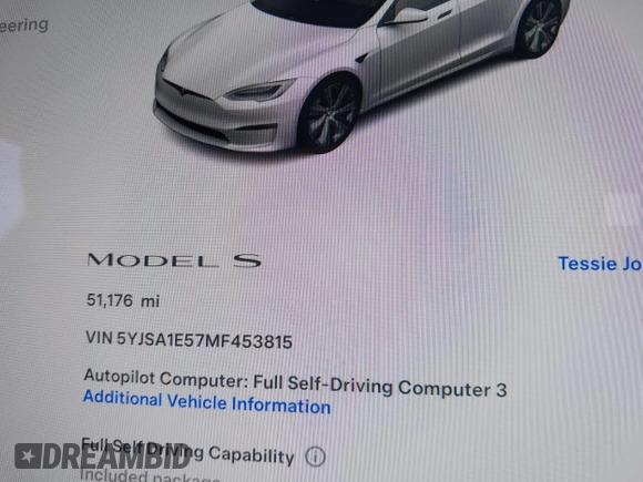 2021 Tesla Model S Long Range with VIN 5YJSA1E57MF453815, listed as a IAAI auction lot 41818700 with 51,176 mi miles and . Bid and sale history available at DreamBid. Image 16.