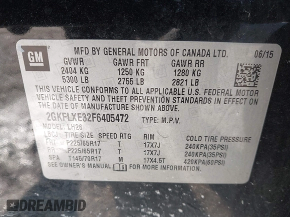 2015 GMC Terrain SLT with VIN 2GKFLXE32F6405472, listed as a IAAI auction lot 41389917 with 146,604 mi miles and . Bid and sale history available at carsss.com. Image 9.
