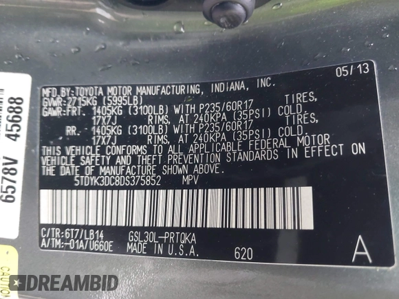 2013 Toyota Sienna XLE AAS с VIN 5TDYK3DC8DS375852, выставлен на аукционе IAAI как лот 41519437 с пробегом 91 828 миль миль и . История ставок и продаж доступна на DreamBid. Изображение 9.
