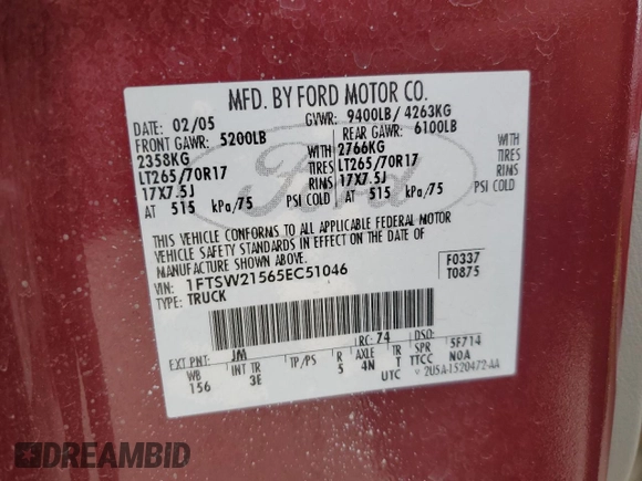 2005 Ford F-250 XL with VIN 1FTSW21565EC51046, listed as a Copart auction lot 56718045 with 143,991 mi miles and Salvage title. Bid and sale history available at DreamBid. Image 12.