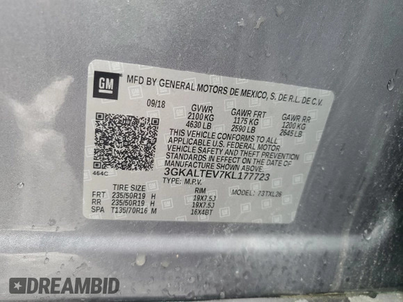 2019 GMC Terrain SLE z VIN 3GKALTEV7KL177723, wystawiony jako Copart lot #55613435 z przebiegiem 92 990 mil mil oraz Szkoda całkowita • Salvage title. Historia ofert i sprzedaży dostępna na DreamBid. Obrazek 13.