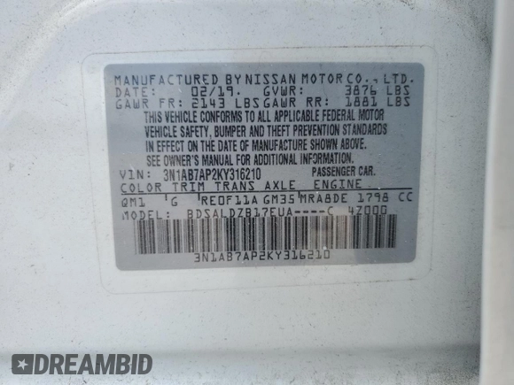 2019 Nissan Sentra S with VIN 3N1AB7AP2KY316210, listed as a Copart auction lot 53642395 with 126,191 mi miles and Salvage Title. Bid and sale history available at DreamBid. Image 13.
