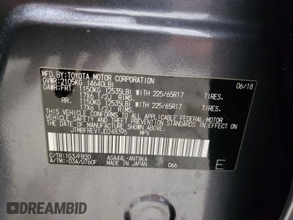 2018 Toyota RAV4 LE with VIN JTMBFREV1JD248395, listed as a Copart auction lot 51752305 with 62,161 mi miles and Salvage Title. Bid and sale history available at DreamBid. Image 15.