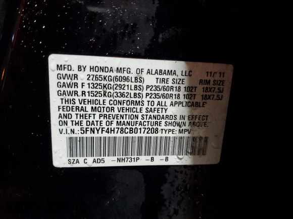 2012 Honda Pilot EX-L with VIN 5FNYF4H78CB017208, listed as a Copart auction lot 52321835 with 196,953 mi miles and Salvage Title. Bid and sale history available at DreamBid. Image 14.