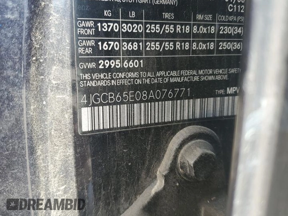 2008 Mercedes-Benz R 3.5L with VIN 4JGCB65E08A076771, listed as a Copart auction lot 57267195 with 201,118 mi miles and Salvage title. Bid and sale history available at DreamBid. Image 13.