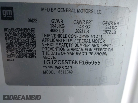 2022 Chevrolet Malibu LS with VIN 1G1ZC5ST6NF165955, listed as a IAAI auction lot 40954895 with 69,245 mi miles and . Bid and sale history available at DreamBid. Image 9.