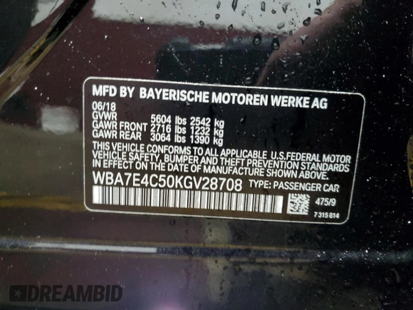 2019 BMW 7 Series 740i xDrive with VIN WBA7E4C50KGV28708, listed as a Copart auction lot 55141895 with 130,925 mi miles and Clean title. Bid and sale history available at DreamBid. Image 12.