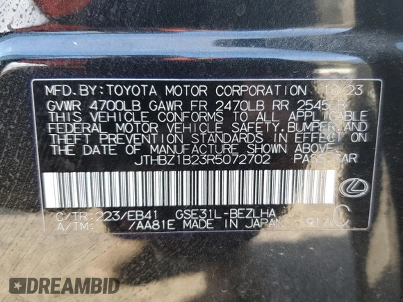 2024 Lexus IS with VIN JTHBZ1B23R5072702, listed as a Copart auction lot 46640845 with 15,412 mi miles and Salvage Title. Bid and sale history available at carsss.com. Image 12.