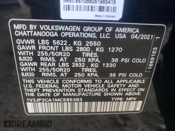 2021 Volkswagen Atlas SE with VIN 1V2JP2CA1MC585383, listed as a Copart auction lot 62145184 with 43,840 mi miles and Salvage title. Bid and sale history available at DreamBid. Image 12.