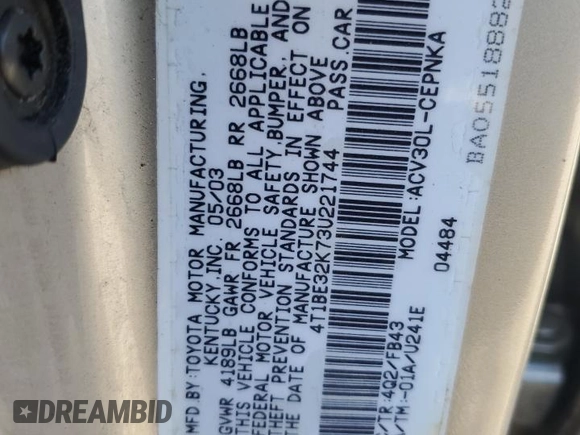 2003 Toyota Camry LE with VIN 4T1BE32K73U221744, listed as a Copart auction lot 50064175 with 218,325 mi miles and Clean Title. Bid and sale history available at DreamBid. Image 12.