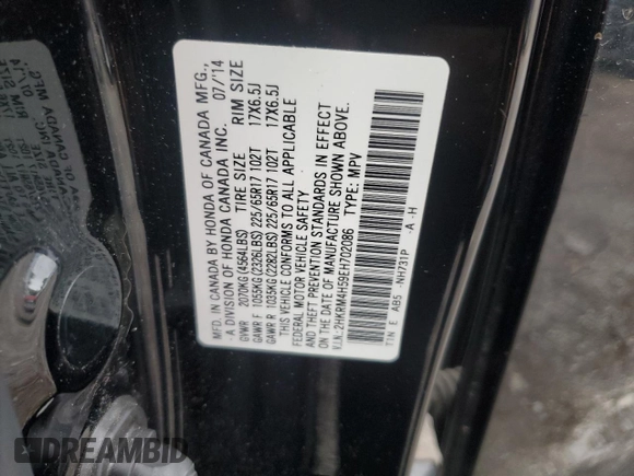 2014 Honda CR-V EX z VIN 2HKRM4H59EH702086, wystawiony jako Copart lot #57152195 z przebiegiem 92 066 mil mil oraz Szkoda całkowita • Salvage title. Historia ofert i sprzedaży dostępna na DreamBid. Obrazek 13.