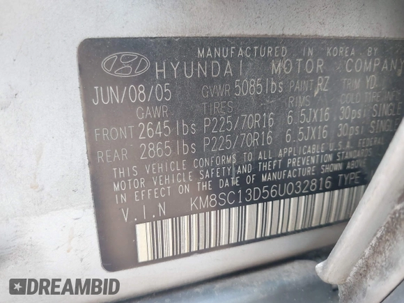 2006 Hyundai Santa Fe GLS z VIN KM8SC13D56U032816, wystawiony jako IAAI lot #42239505 z przebiegiem 180 515 mil mil oraz . Historia ofert i sprzedaży dostępna na DreamBid. Obrazek 9.