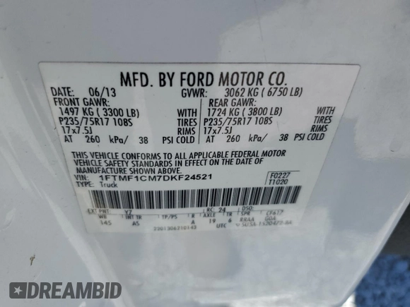 2013 Ford F-150 XL with VIN 1FTMF1CM7DKF24521, listed as a Copart auction lot 53161425 with 128,518 mi miles and Salvage Title. Bid and sale history available at carsss.com. Image 13.
